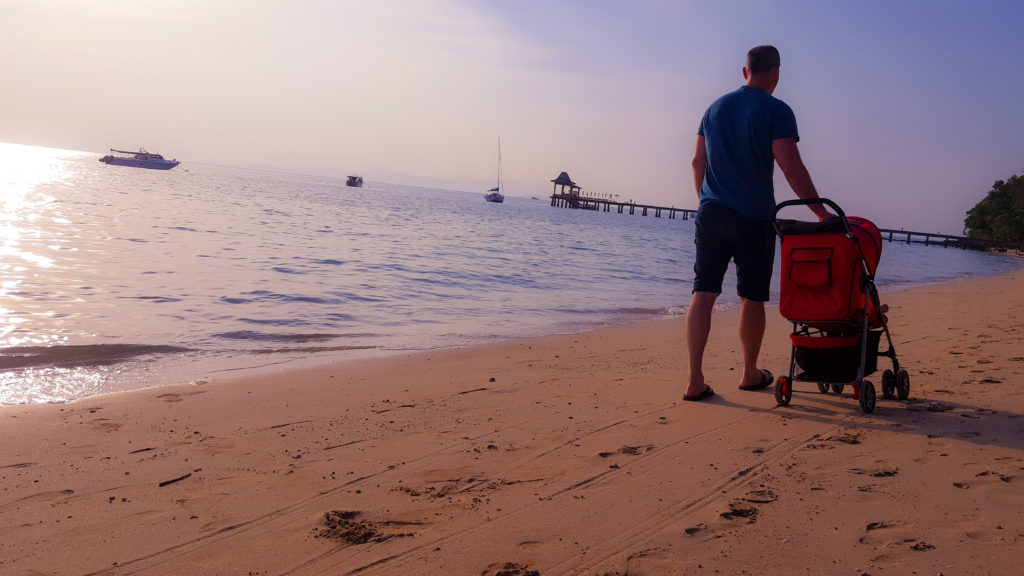 father pushing stroller along the beach at sunset