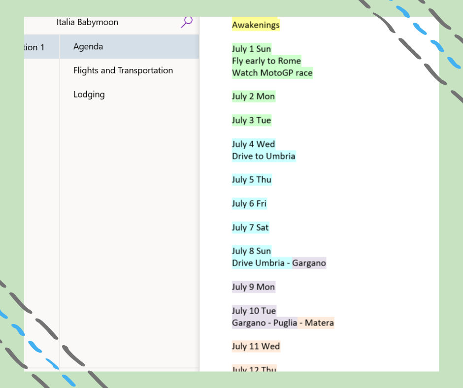 screen clipping of onenote for travel planning for kids