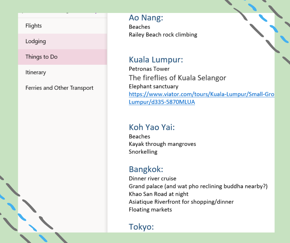 screen clipping of onenote for travel planning for kids