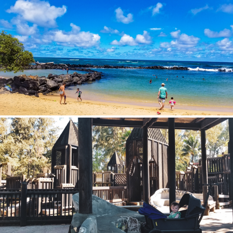 split of two photos: father and daughter walking out to shore at beach, and baby in wagon in middle of wooden playground