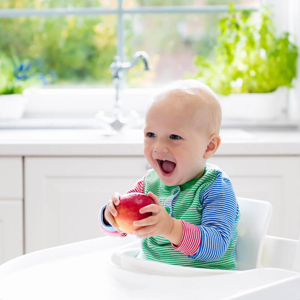 Baby boy eating apple in white kitchen at home